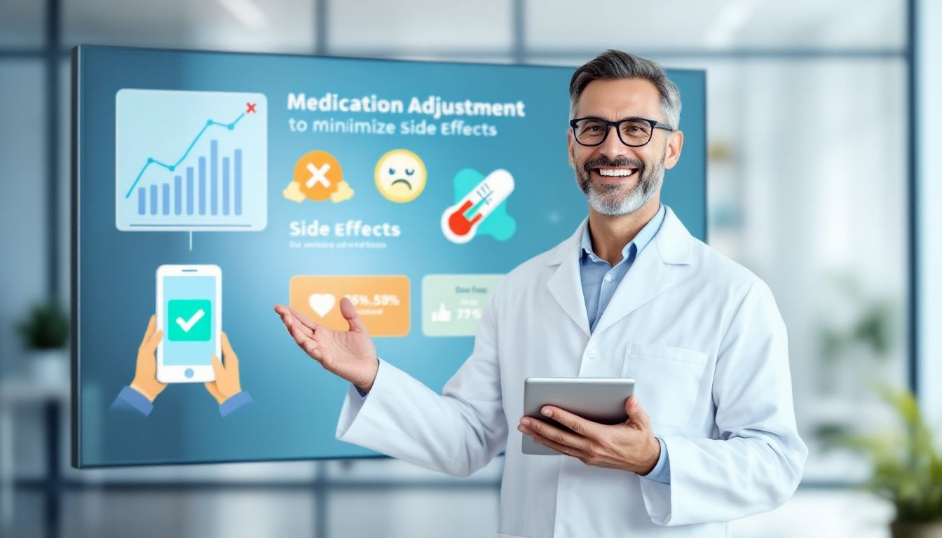 Ein Arzt, der einem Patienten Ratschläge zur Anpassung der Medikation gibt, um Nebenwirkungen zu minimieren.
