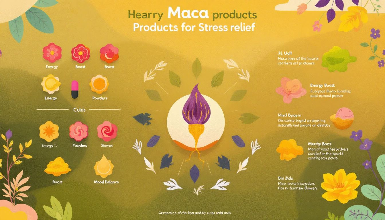 Maca-Produkte zur Stressbewältigung, wie Kapseln und Pulver.
